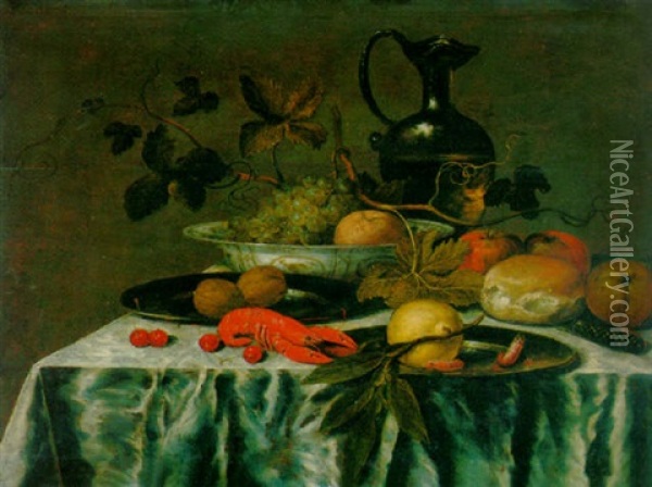Grapes, Vine Leaves And An Orange In A Wanli Kraak Porselein Dish, Walnuts, A Lemon, And Prawns On Perter Plates Oil Painting - Roelof Koets the Elder