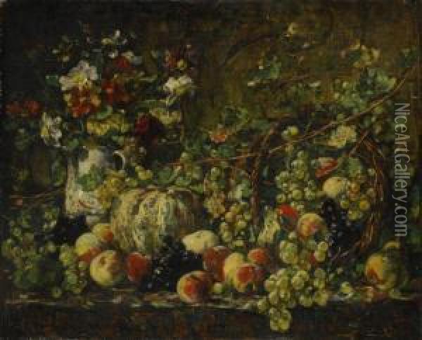 Fruits Et Fleurs Sur Un Entablement Oil Painting - Francois Vernay