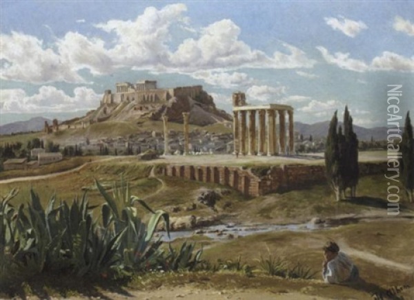Overlooking The Acropolis Oil Painting - Harald-Adof-Nikolaj Jerichau