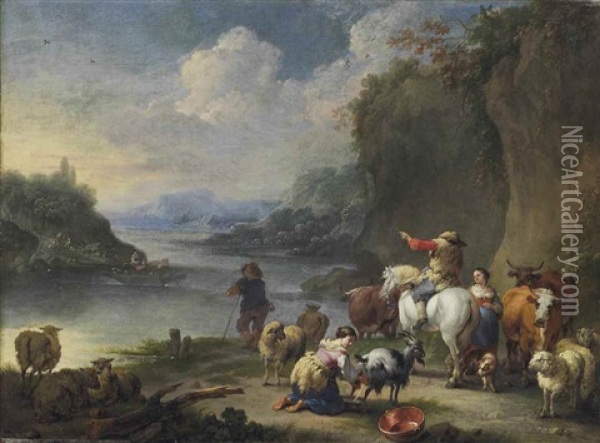 A River Landscape With Shepherds And Their Herds At Rest Oil Painting - Pieter Bout