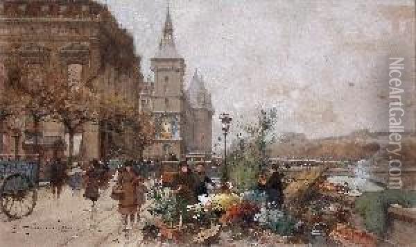 Marche Auxfleurs, La Conciergerie Oil Painting - Eugene Galien-Laloue