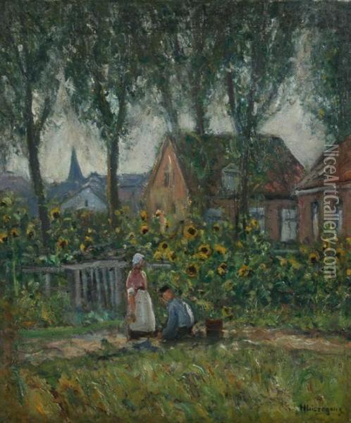 Village Scene With Sunflowers Oil Painting - Helmut Liesegang