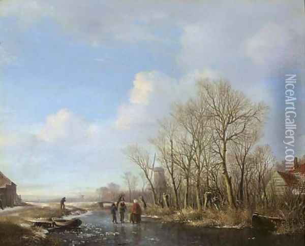 Woodgatherers on a frozen stream Oil Painting - Hendrikus van den Sande Bakhuyzen