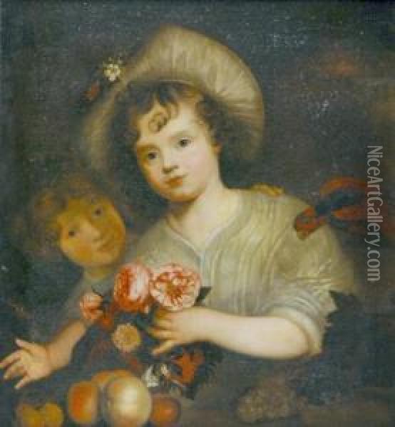 Dutch, - Children With Flowers,fruit And A Parrot Oil Painting - Karel De Moor