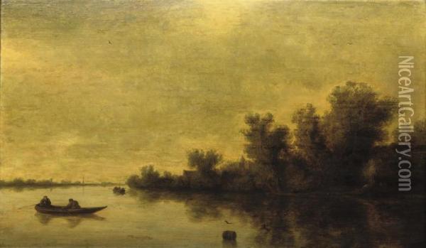 A Wooded River Landscape With Two Figures In A Rowing Boat Oil Painting - Jan van Goyen