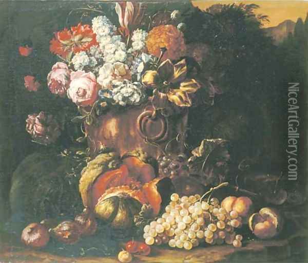 A still life of flowers in a bronze vase, with a melon, grapes, peaches and other fruit on a forest floor Oil Painting - Gaspar-pieter The Younger Verbruggen