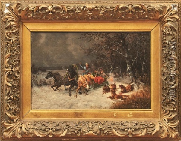 Von Wolfen Angegriffene Troika In Winterlicher Waldlandschaft Oil Painting - Eduard Goetzelmann