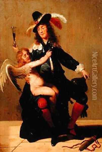 A Gentleman drinking with Cupid Oil Painting - Jacob Fransz van der Merck
