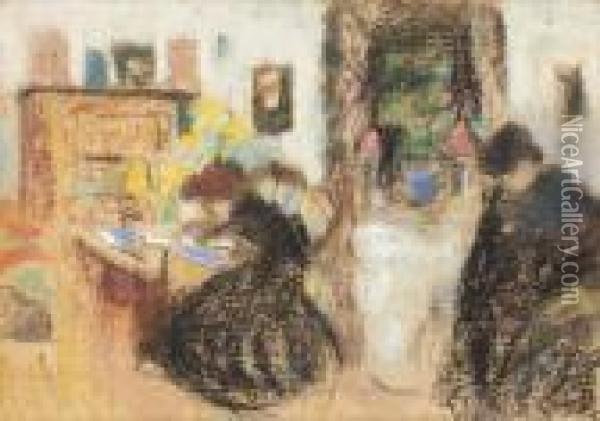 Elegant Ladies Reading In An Interior Oil Painting - Jozsef Rippl-Ronai