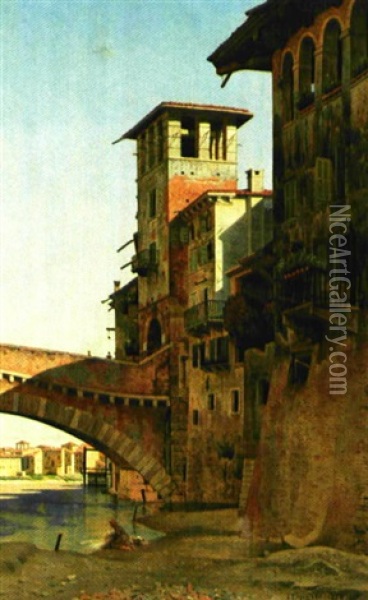 Byparti Fra Verona Med Il Ponte Della Pietra Oil Painting - Josef Theodor Hansen
