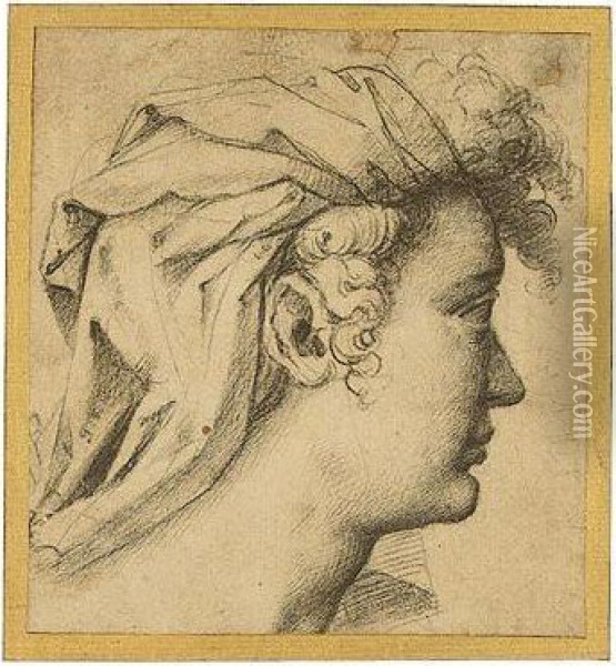 Study Of The Head Of A Turbaned Woman Oil Painting - Girolamo Macchietti Del Crocefissaio