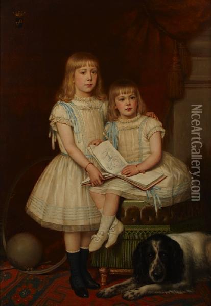 A Portrait Of Two Young Girls With A Spaniel Oil Painting - Frans De Wilde