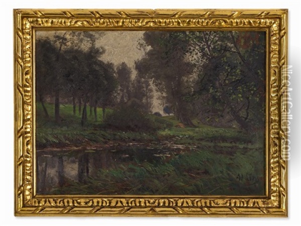 Forested Riverside Oil Painting - Adolf Lins