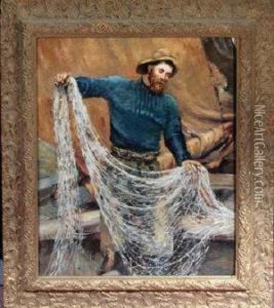 A Fisherman Unloading A Net Oil Painting - Robert Jobling