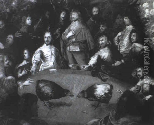 Charles I And Cavaliers Attending A Cockfight Oil Painting - Isaac Fuller