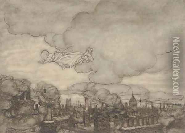 An illustration to J.M. Barrie's 'Peter Pan in Kensington Gardens' 'Away he flew, right over the houses to the Gardens' Oil Painting - Arthur Rackham