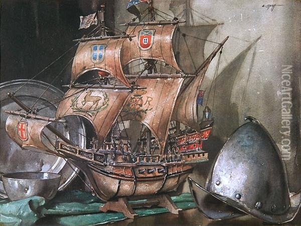 A Model Ship And Various Pewter Items On A Table Oil Painting - Edwin Byatt