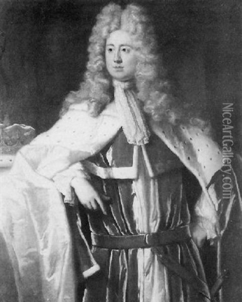 Portrait Of A Gentleman Wearing Scarlet And White Ermine Trimmed Robes Oil Painting - Nicolas de Largilliere