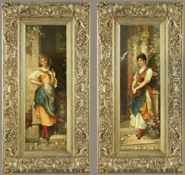 Young French Women Standing On The Stoop (dyptich) Oil Painting - Emile Eisman-Semenowsky