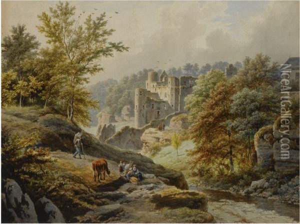 A View On Beaufort Castle, Luxembourg Oil Painting - Barend Cornelis Koekkoek