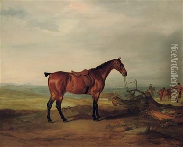 A Saddled Bay Hunter In A Landscape, With Huntsmen And Hounds Beyond Oil Painting - John E. Ferneley