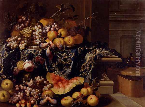 A Landscape With A Still Life Of A Melon, Watermelon, Peaches, Grapes, a Pomegranate, Cherries And Roses Oil Painting - Antonio Gianlisi The Younger