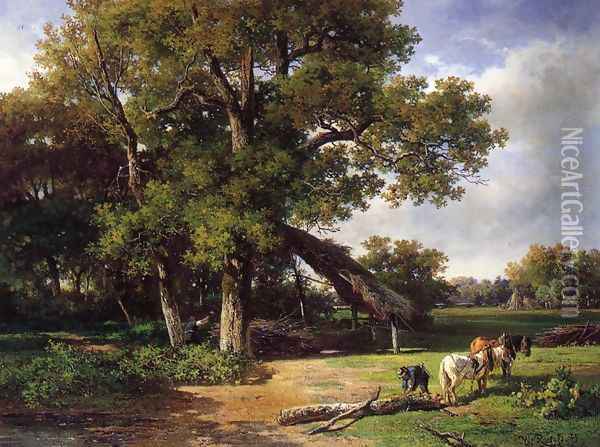 A Wooded Landscape with Farmers Gathering Wood Oil Painting - Willem Roelofs