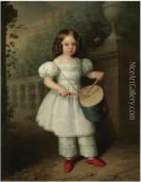 Nina Tocando El Tambor (girl Playing A Drum) Oil Painting - Antonio Maria Esquivel Y Suarez De Urbina