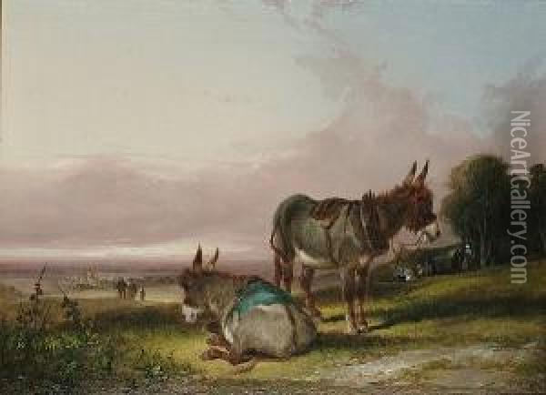 Donkeys Resting Beside A Gypsy Encampment Oil Painting - Henry Shayer