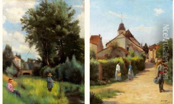 Scenes Villageoises Et Champetres (pair) Oil Painting - Auguste-Joseph Delecluse