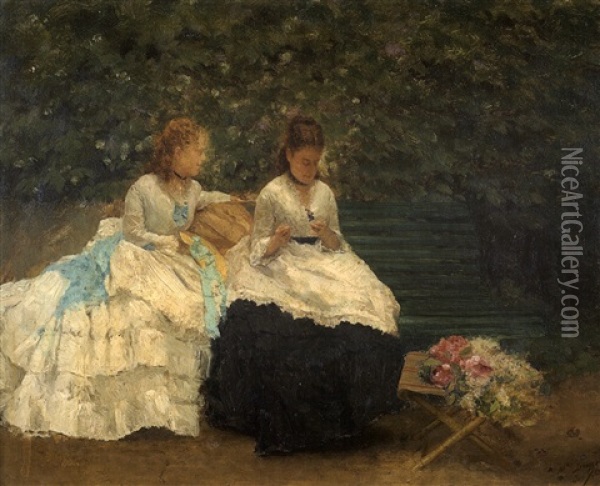 Portrait De Deux Femmes Sur Un Banc Oil Painting - Giuseppe de Nittis