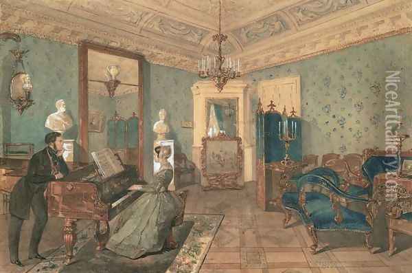 Interior of the Drawing Room in the house of Baron Stieglitz in St. Petersburg, 1841 Oil Painting - Pyotr Fyodorovich Sokolov
