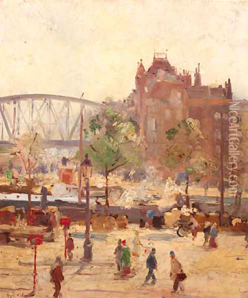 A busy quay, Rotterdam Oil Painting - August Willem van Voorden