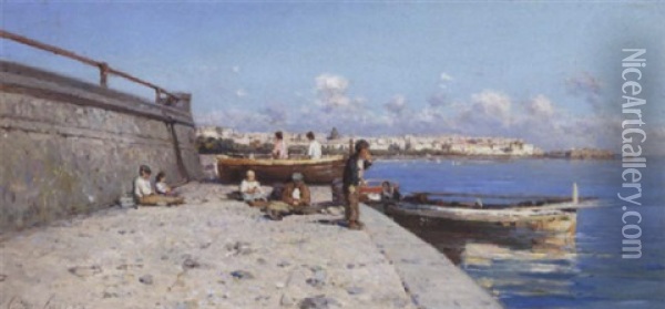 Born Pa En Havnemole I Napoli Oil Painting - Giuseppe Laezza