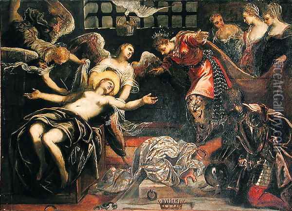 Saint Catherine of Alexandria receives a visit from the Roman Empress Faustina whilst in Prison Oil Painting - Jacopo Tintoretto (Robusti)