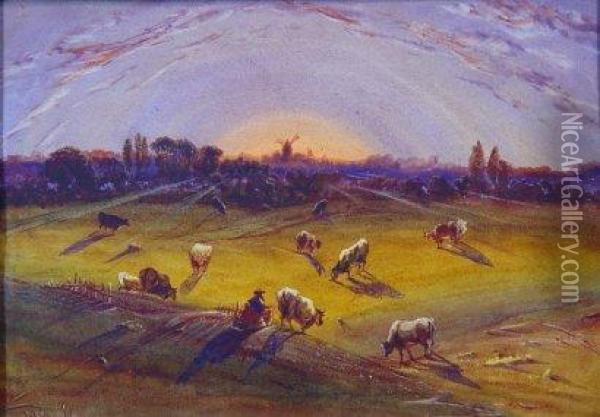 Vaches Aux Paturages Et Moulin Au Soleilcouchant Oil Painting - Antoine-Desire Heroult