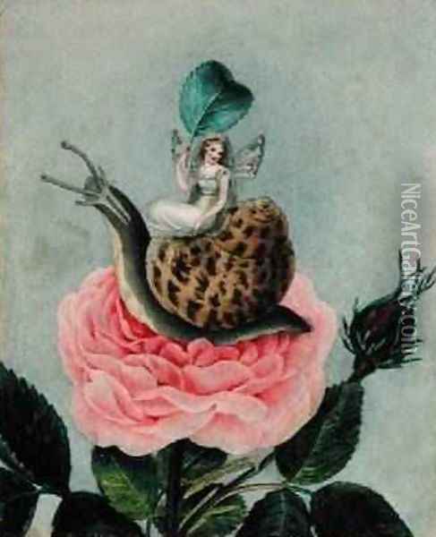 A fairy holding a leaf sitting on a snail above a rose 1817-29 Oil Painting - Amelia Jane Murray