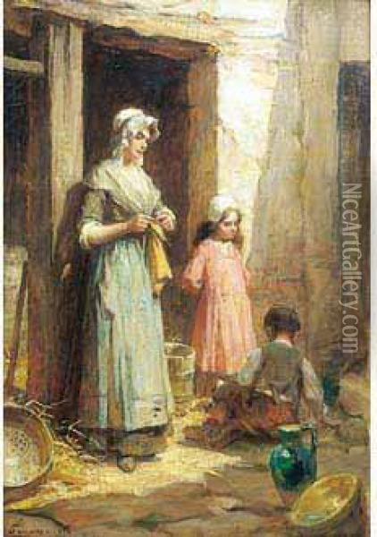 La Fermiere Et Ses Enfants. Oil Painting - Henri Adriene Tanoux