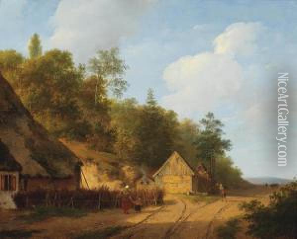 A Summer Landscape With Farmhouses Along A Sandy Track Oil Painting - Andreas Schelfhout