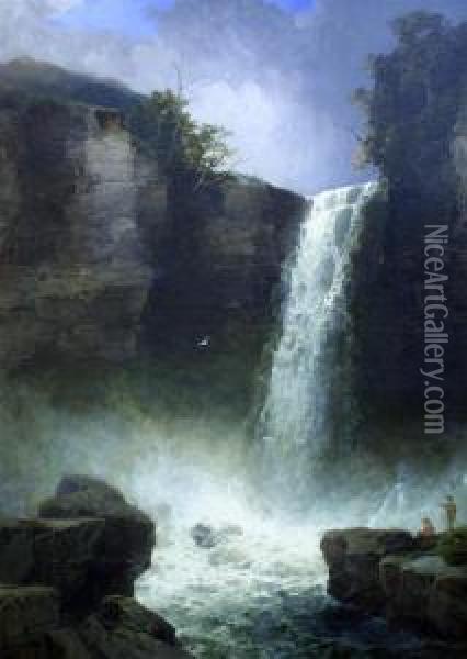 Figures Beside A Waterfall Oil Painting - James Burrell-Smith