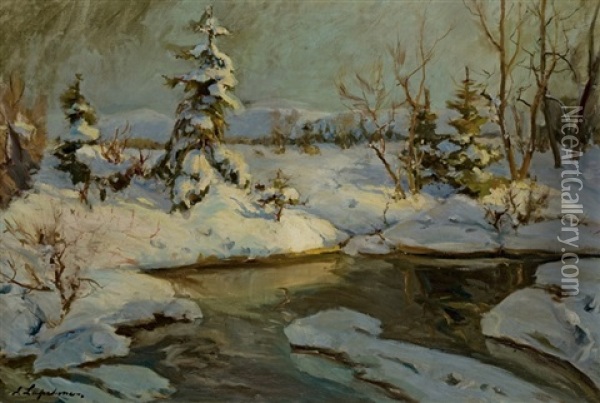 Snow-covered Landscape Oil Painting - Georgi Alexandrovich Lapchine