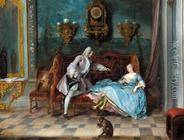 An Interior With A Sleeping Lady Holding A Letter And A Gentleman Seated Beside Her Oil Painting - Michel Barthelemy Olivier