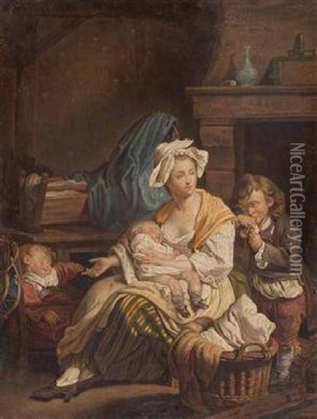Junge Mutter Gebietet Ihrem Kleinen Sohn Schweigen Oil Painting - Jean Baptiste Greuze