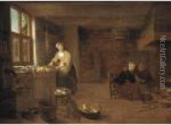 A Kitchen Interior With A Woman 
Preparing Dinner And Man Courting A Young Woman By The Fireplace Oil Painting - Hendrick Maertensz. Sorch (see Sorgh)