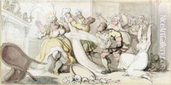 Miss Fubby Tatarmin's Wig Caught Fire Oil Painting - Thomas Rowlandson