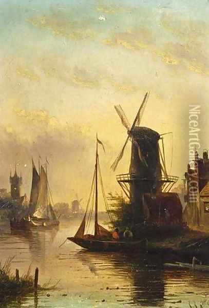 Summer Landscape with a Windmill at Sunset Oil Painting - Jan Jacob Coenraad Spohler