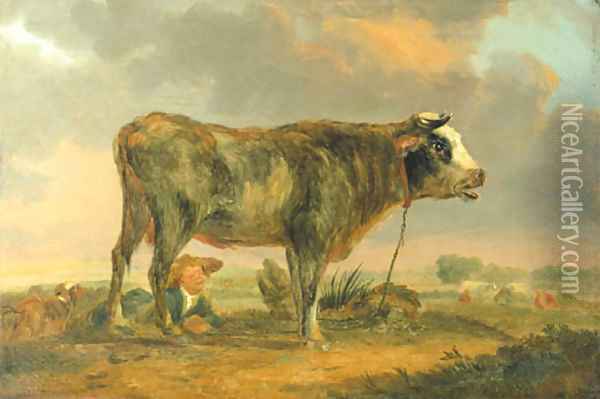 A bull in a meadow Oil Painting - English School