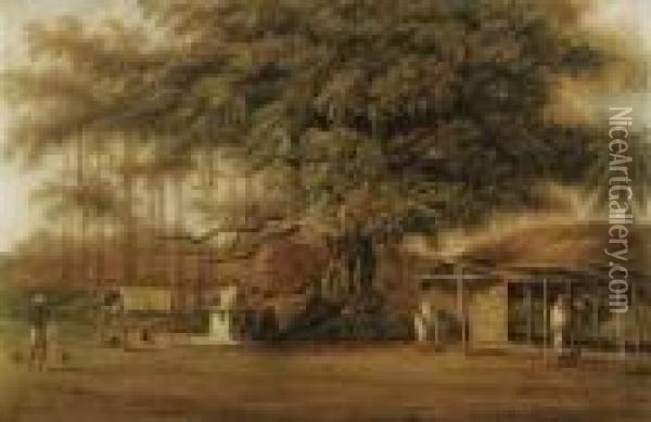 A Banyan Tree With A Watercarrier In The Foreground Oil Painting - George Chinnery