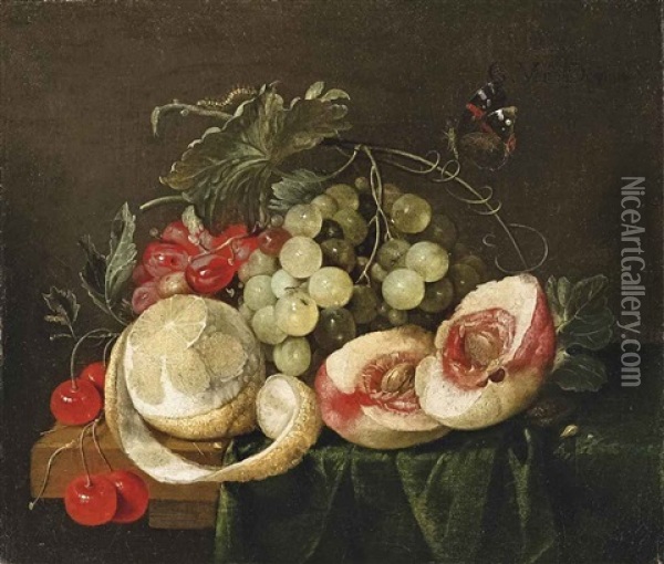 A Peeled Lemon, Open Peach, Grapes And Cherries, With A Butterfly, On A Partly-draped Table Oil Painting - Guilliam van Deynum