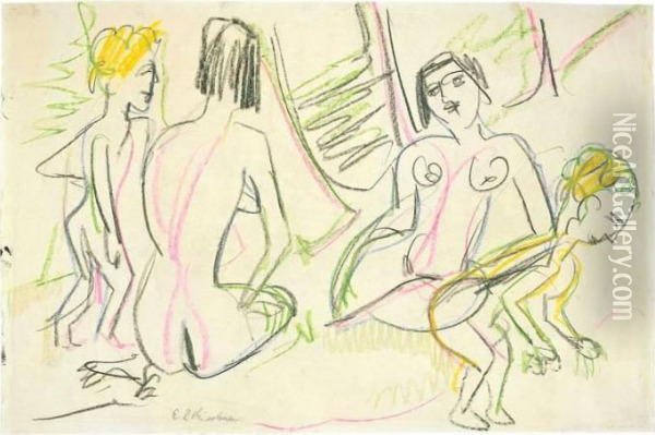 Zwei Weibliche Akte Und Zwei Kinder Oil Painting - Ernst Ludwig Kirchner